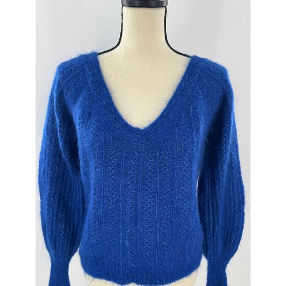 Sezane Pull Rosa Sweater Indigo Blue Mohair Wool Knit V Neck Pullover Jumper S - Picture 1 of 8